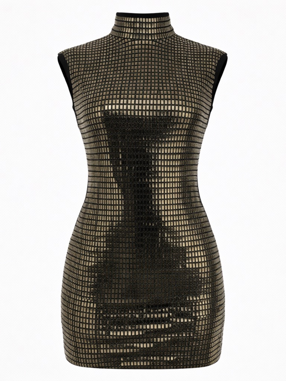 Sleeveless Metallic Grid High-Neck Bodycon Dress - Gold/Black